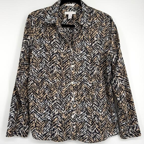 Chico's No Iron Animal Print Long Sleeve Button Front Shirt Top Blouse Size 2 L - Picture 1 of 8